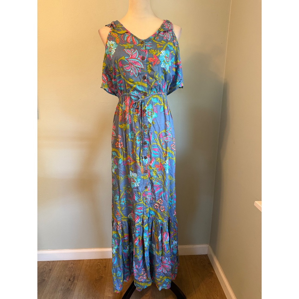 Tiare Hawaii Floral Maxi Dress Blue Pink Boho Open Button resort beach tropical